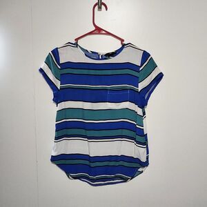 H&M Women Shirt Size 4 Blue Turquoise Black White Stripe Button Back